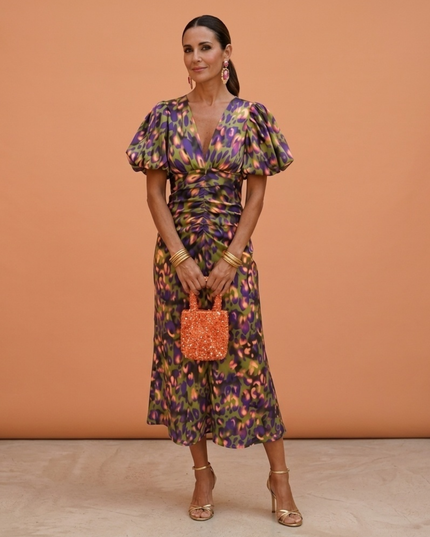 Women's Puff Sleeve Floral Midi Dress with Ruched Waist
