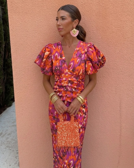Women's Puff Sleeve Floral Midi Dress with Ruched Waist
