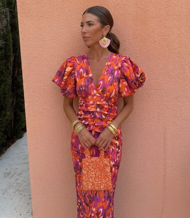 Women's Puff Sleeve Floral Midi Dress with Ruched Waist