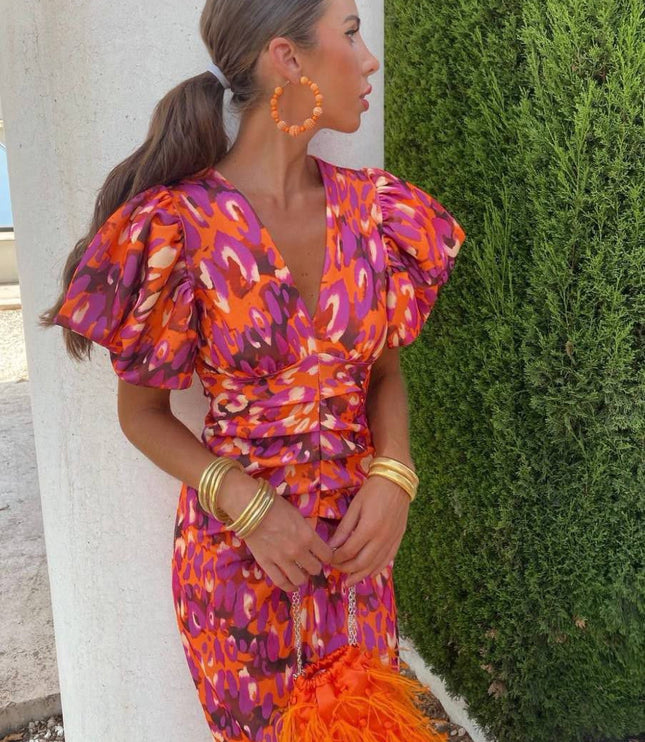 Women's Puff Sleeve Floral Midi Dress with Ruched Waist