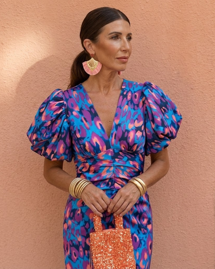 Women's Puff Sleeve Floral Midi Dress with Ruched Waist