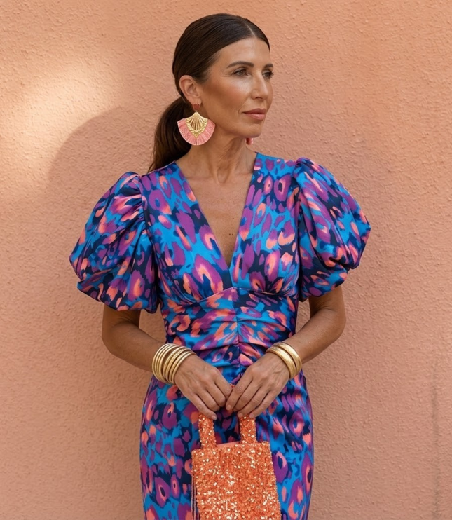 Women's Puff Sleeve Floral Midi Dress with Ruched Waist