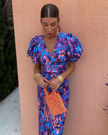 Women's Puff Sleeve Floral Midi Dress with Ruched Waist