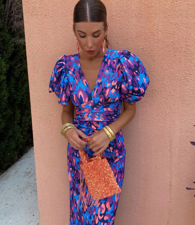 Women's Puff Sleeve Floral Midi Dress with Ruched Waist