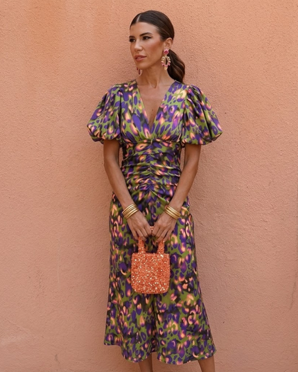 Women's Puff Sleeve Floral Midi Dress with Ruched Waist