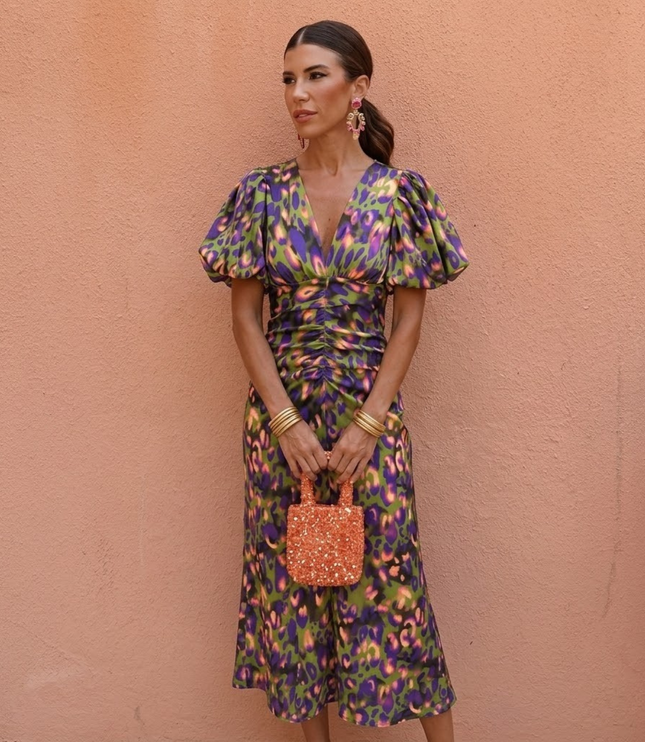 Women's Puff Sleeve Floral Midi Dress with Ruched Waist