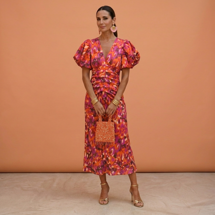Women's Puff Sleeve Floral Midi Dress with Ruched Waist