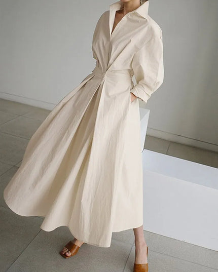 Cream wrap midi dress with voluminous puffed sleeves and defined waist