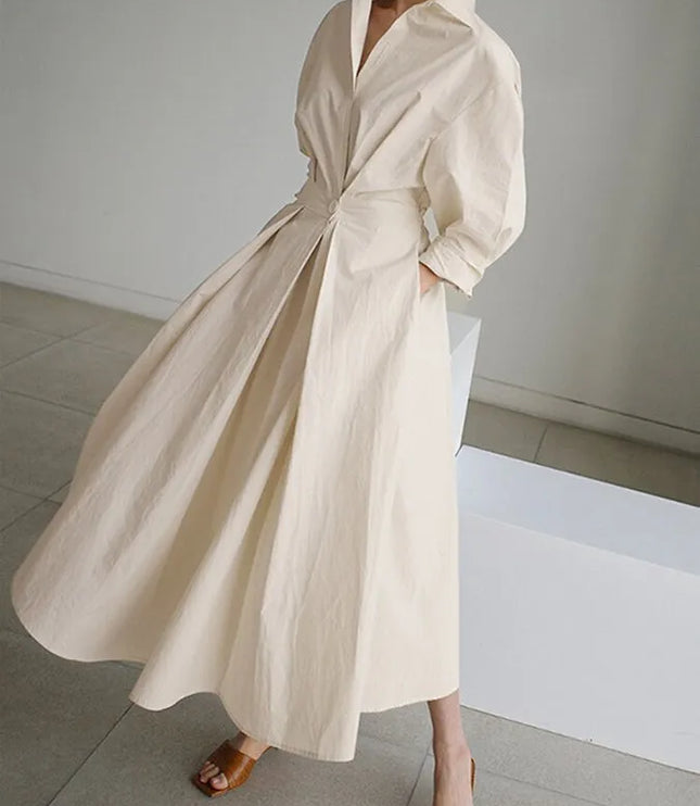 Cream wrap midi dress with voluminous puffed sleeves and defined waist