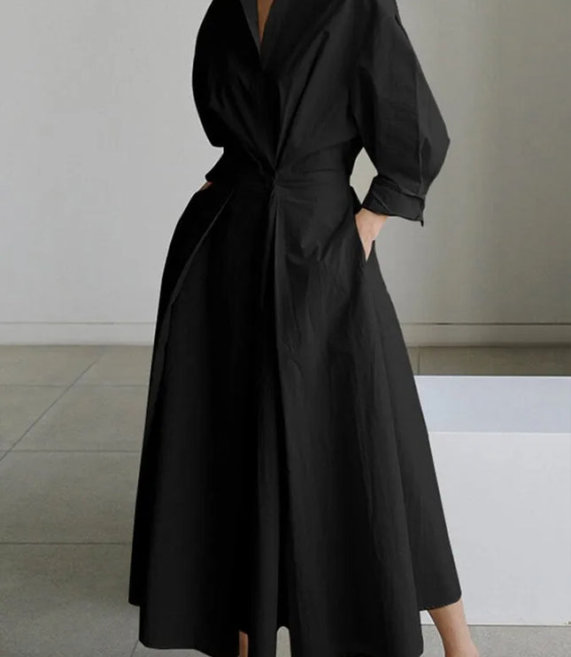Black wrap v-neck midi dress with oversized puffed sleeves, front view