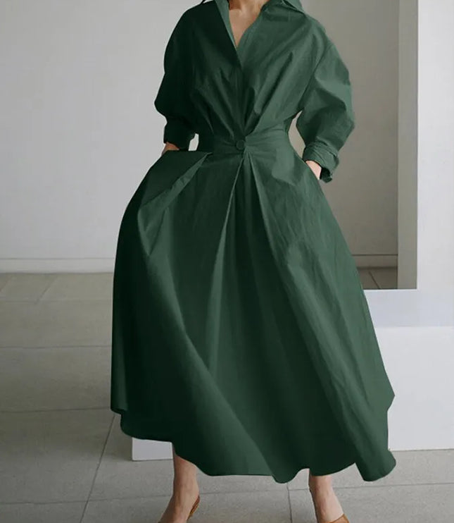 Forest green wrap v-neck midi dress with puffy sleeves, front angle