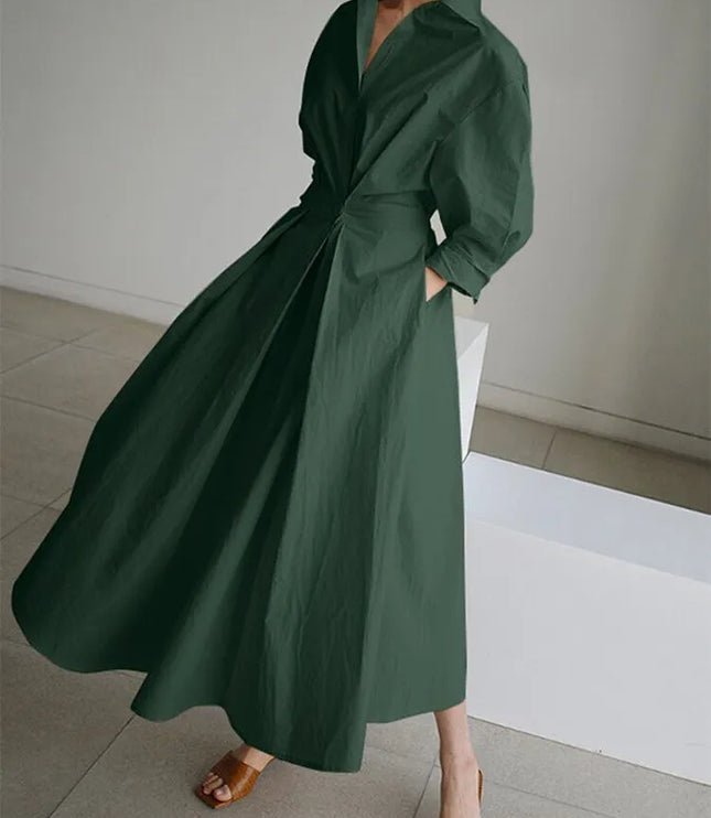 Dark green wrap midi dress with voluminous puffed sleeves and full skirt