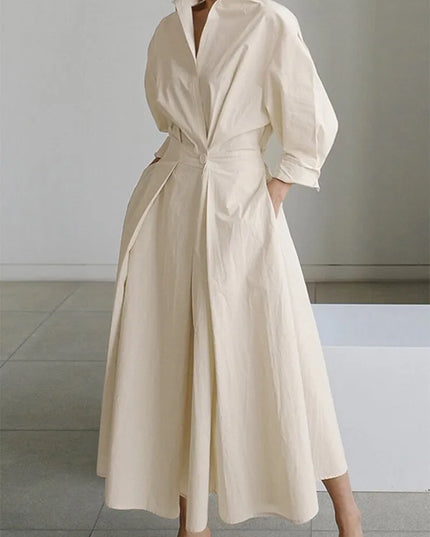 Cream wrap v-neck midi dress with puffed sleeves, full length side view