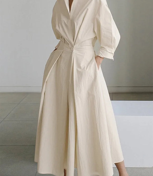 Cream wrap v-neck midi dress with puffed sleeves, full length side view