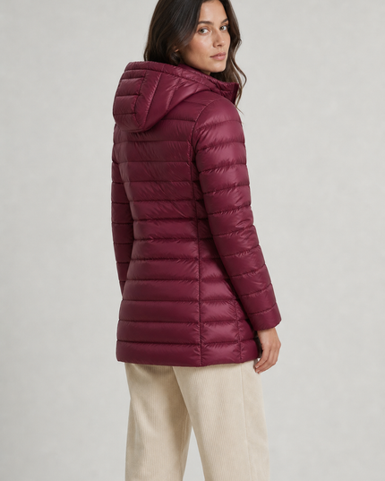 Women's Puffer Coat with Horizontal Quilting and a Hood