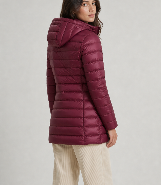 Women's Puffer Coat with Horizontal Quilting and a Hood