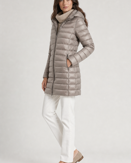 Women's Puffer Coat with Horizontal Quilting and a Hood