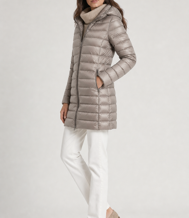 Women's Puffer Coat with Horizontal Quilting and a Hood