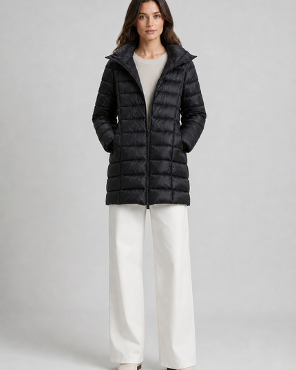 Women's Puffer Coat with Horizontal Quilting and a Hood