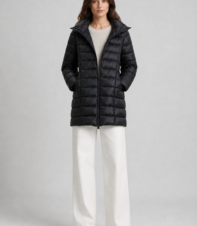 Women's Puffer Coat with Horizontal Quilting and a Hood