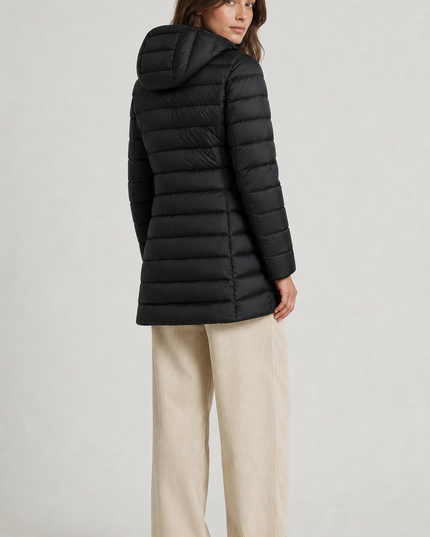 Women's Puffer Coat with Horizontal Quilting and a Hood