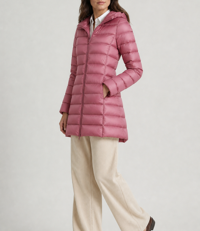 Women's Puffer Coat with Horizontal Quilting and a Hood