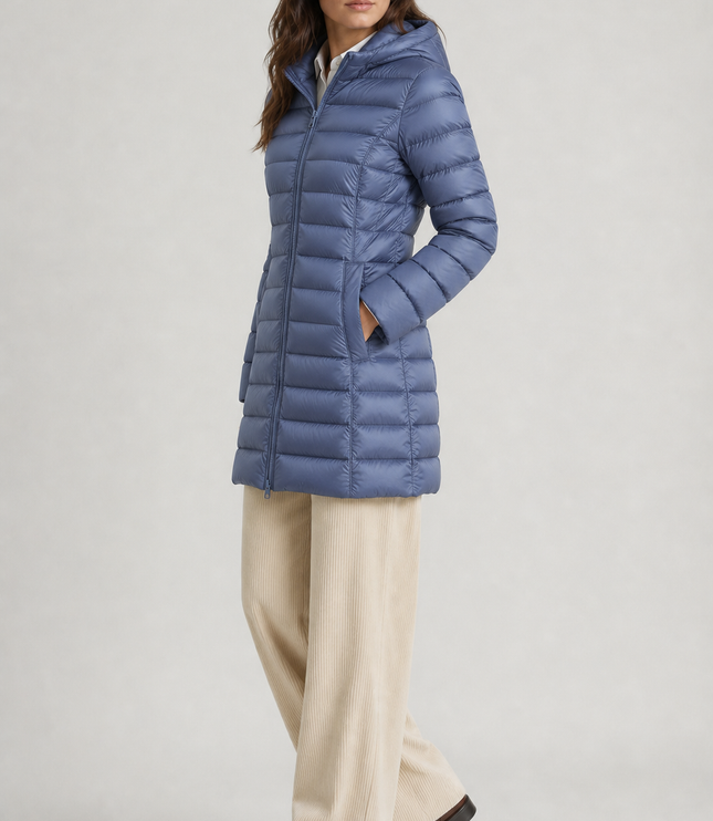 Women's Puffer Coat with Horizontal Quilting and a Hood