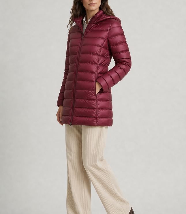 Women's Puffer Coat with Horizontal Quilting and a Hood