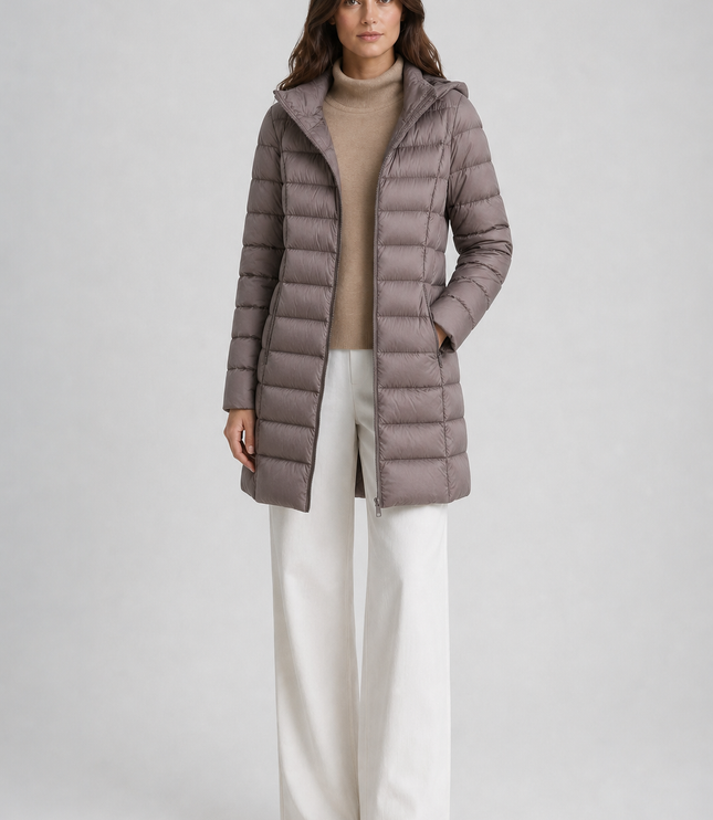 Women's Puffer Coat with Horizontal Quilting and a Hood