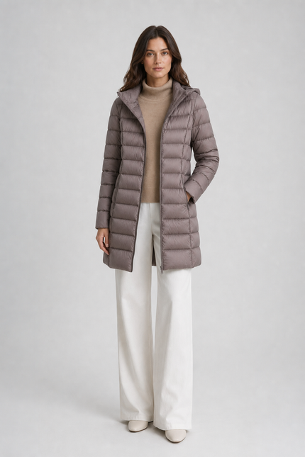 Women's Puffer Coat with Horizontal Quilting and a Hood