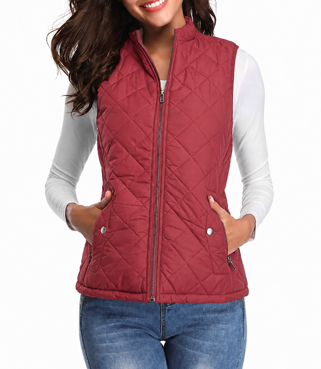 Women's Puffer Vest with Stand Collar and Zip Front