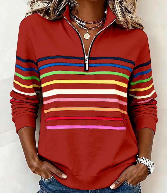 Women's Pullover Sweater with Quarter Zip and Stripes