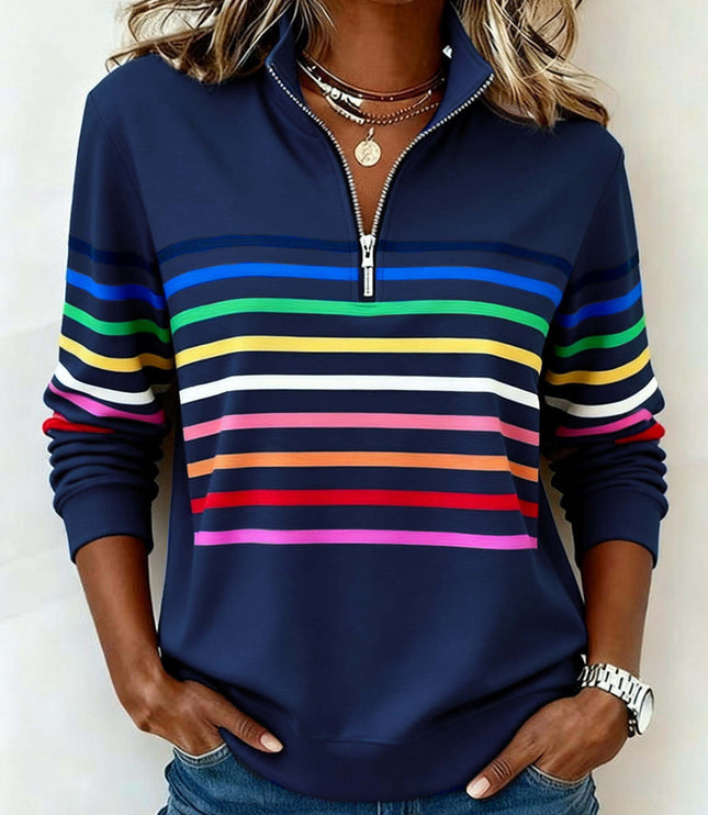 Women's Pullover Sweater with Quarter Zip and Stripes