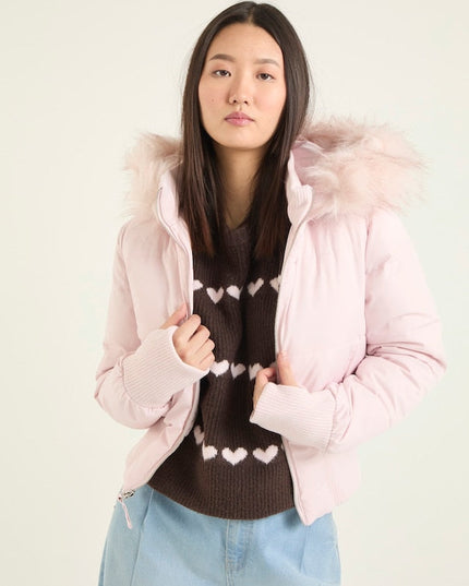 Women's Quilted Puffer Jacket with Faux Fur Hood and Zip Front