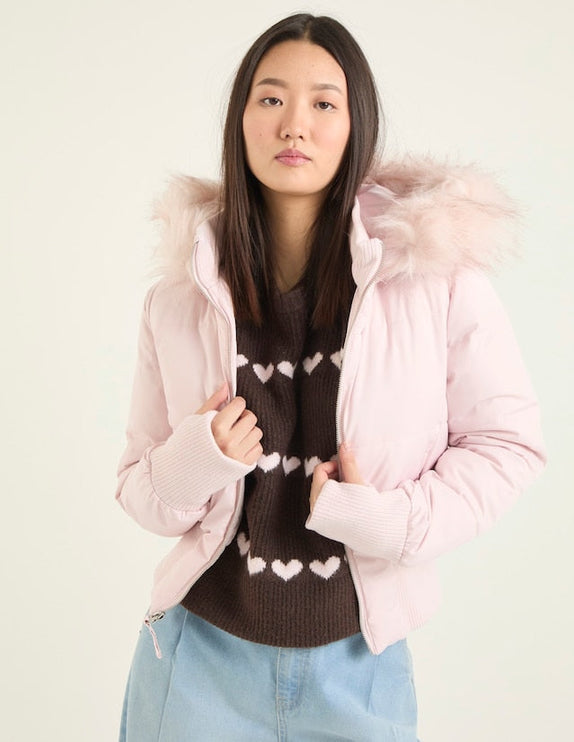 Women's Quilted Puffer Jacket with Faux Fur Hood and Zip Front