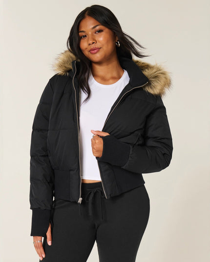 Women's Quilted Puffer Jacket with Faux Fur Hood and Zip Front