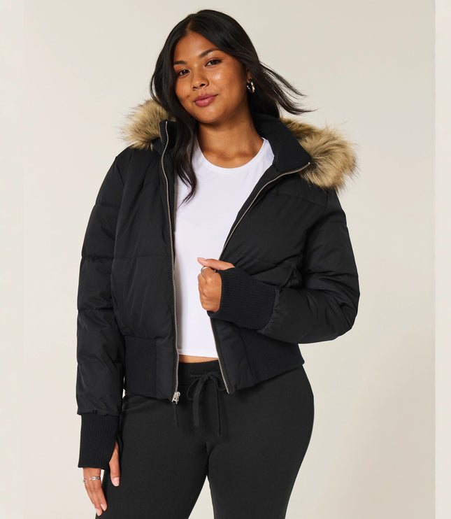 Women's Quilted Puffer Jacket with Faux Fur Hood and Zip Front