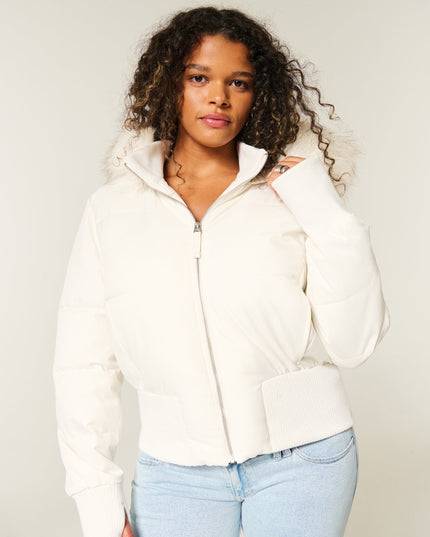 Women's Quilted Puffer Jacket with Faux Fur Hood and Zip Front