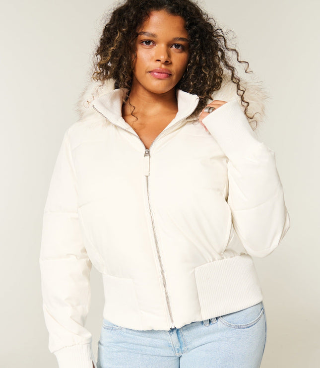 Women's Quilted Puffer Jacket with Faux Fur Hood and Zip Front