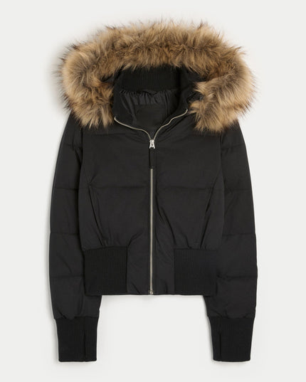 Women's Quilted Puffer Jacket with Faux Fur Hood and Zip Front