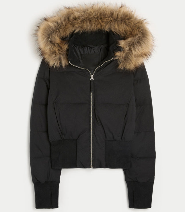 Women's Quilted Puffer Jacket with Faux Fur Hood and Zip Front