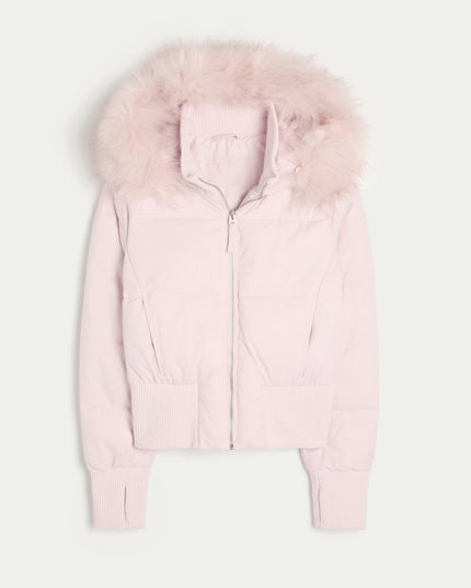 Women's Quilted Puffer Jacket with Faux Fur Hood and Zip Front