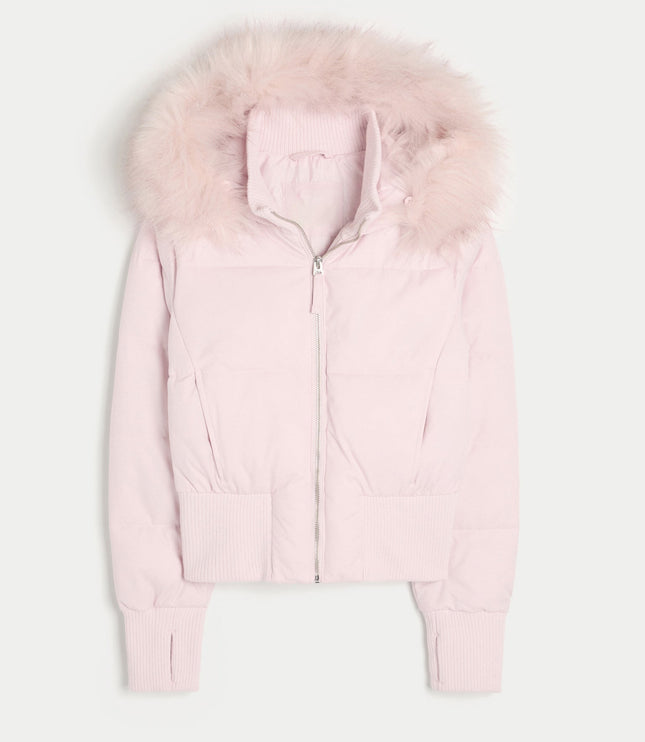 Women's Quilted Puffer Jacket with Faux Fur Hood and Zip Front