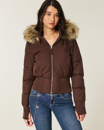 Women's Quilted Puffer Jacket with Faux Fur Hood and Zip Front