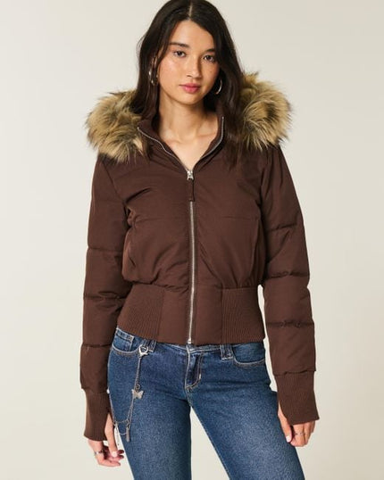 Women's Quilted Puffer Jacket with Faux Fur Hood and Zip Front
