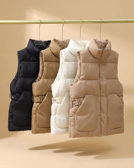 Women's Quilted Puffer Vest with Stand Collar and Flap Pockets
