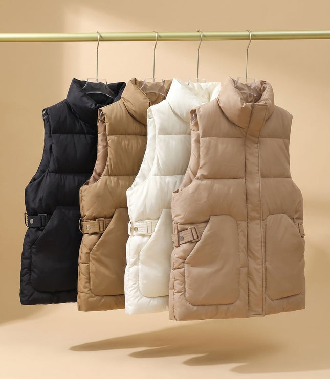 Women's Quilted Puffer Vest with Stand Collar and Flap Pockets
