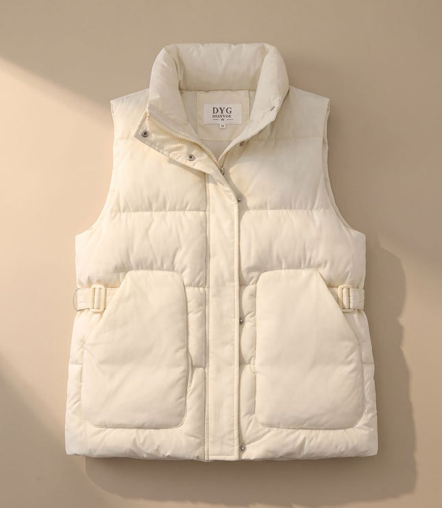 Women's Quilted Puffer Vest with Stand Collar and Flap Pockets