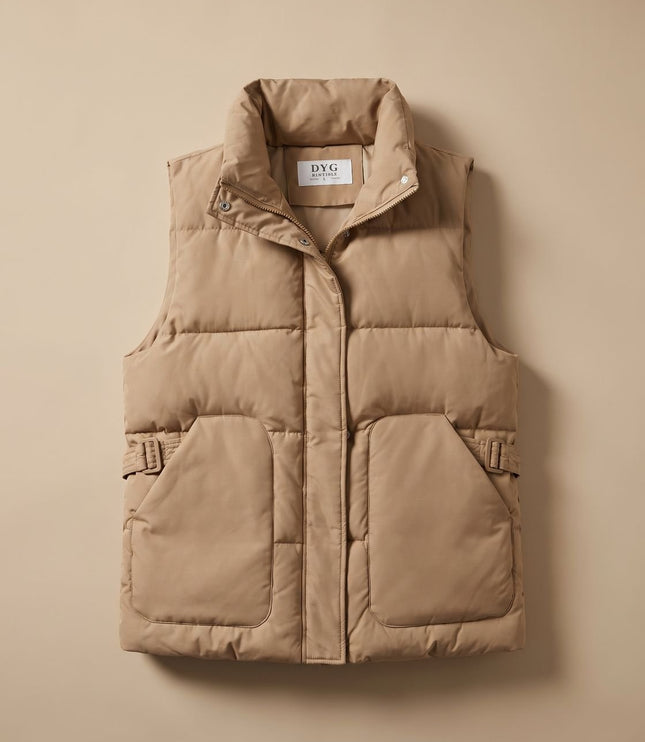 Women's Quilted Puffer Vest with Stand Collar and Flap Pockets
