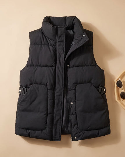 Women's Quilted Puffer Vest with Stand Collar and Flap Pockets